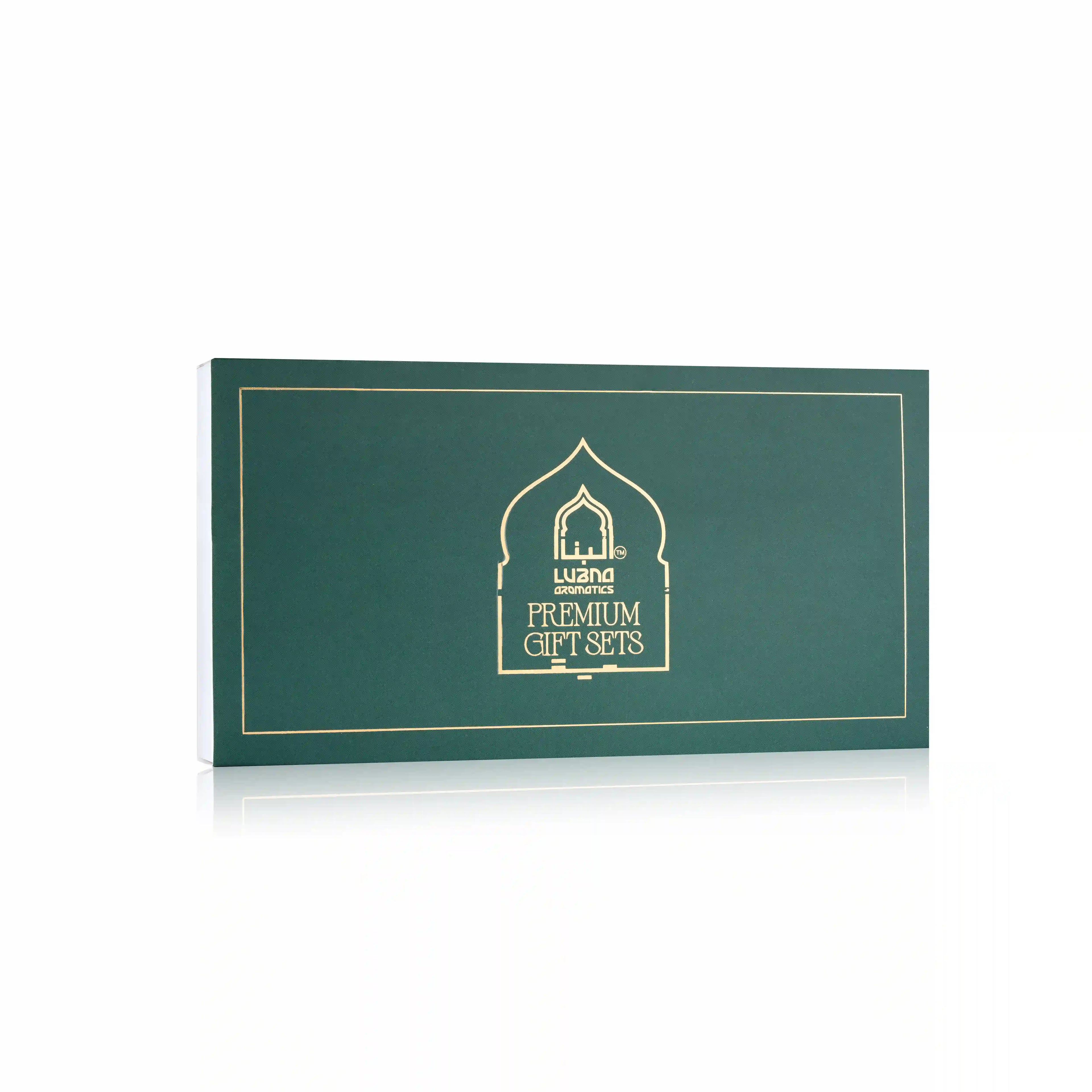 Elegant display of Lubna Aromatics luxury attar gift set arranged for premium presentation